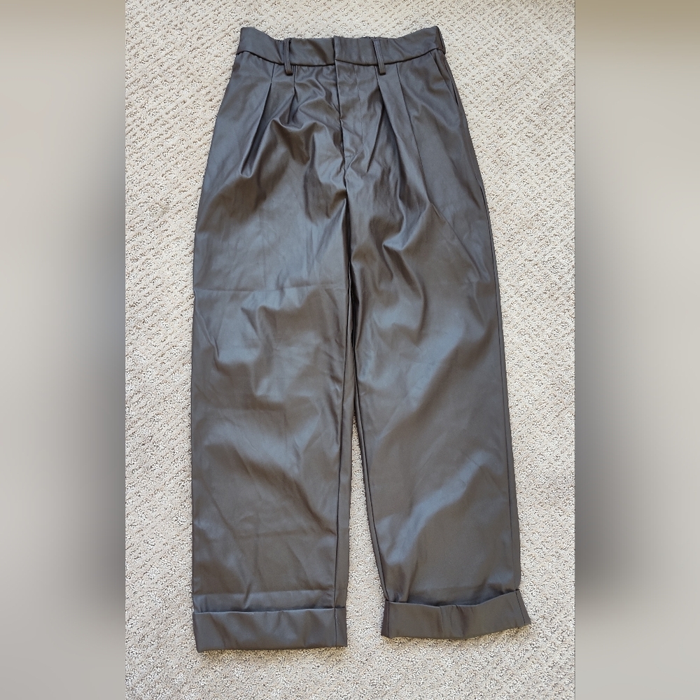 Zenana Brown Faux Leather Cuffed Pants